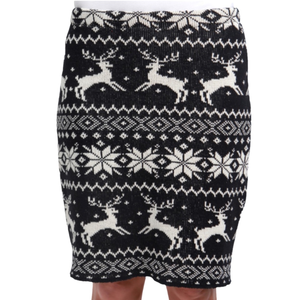 Green 3 Black & White Sweater Knit Pencil Skirt Reindeer Sz Small Made in USA